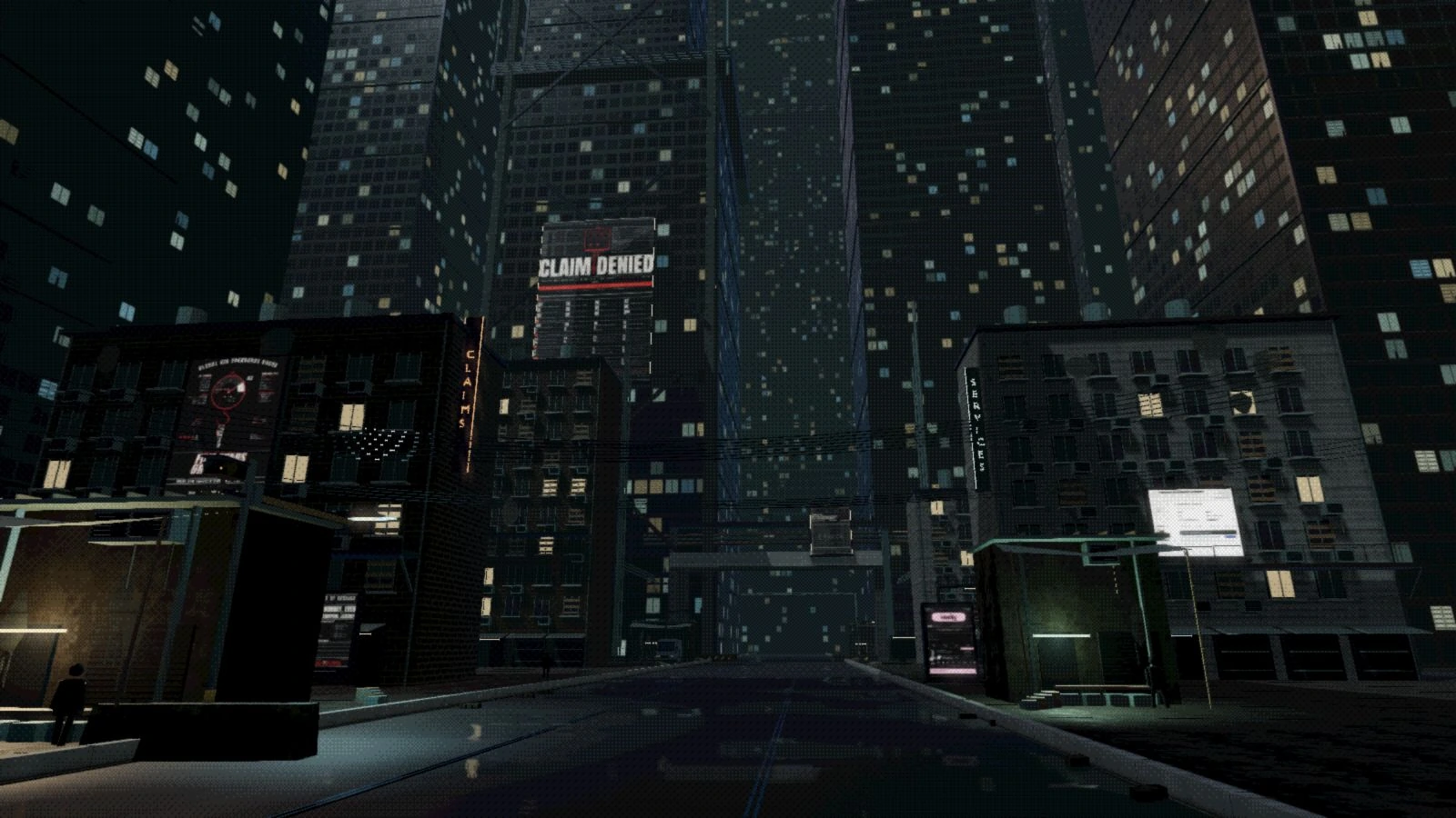 Service district: monumental office towers, service entrances and original Dystopian graphics embedded in the city.