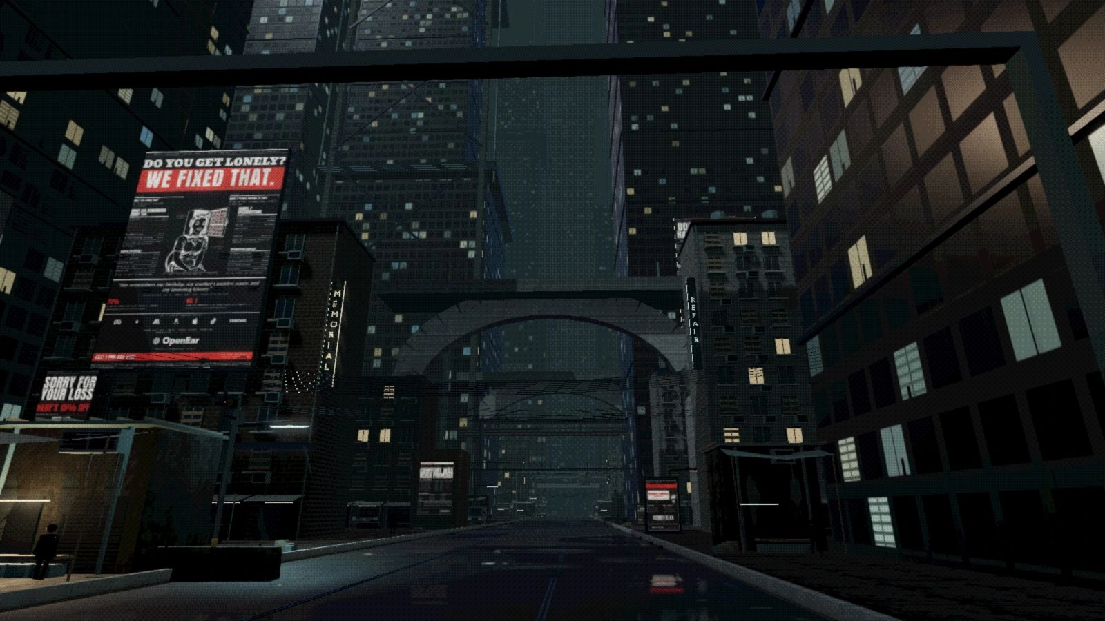 Consumer concourse: monumental office towers, service entrances and original Dystopian graphics embedded in the city.