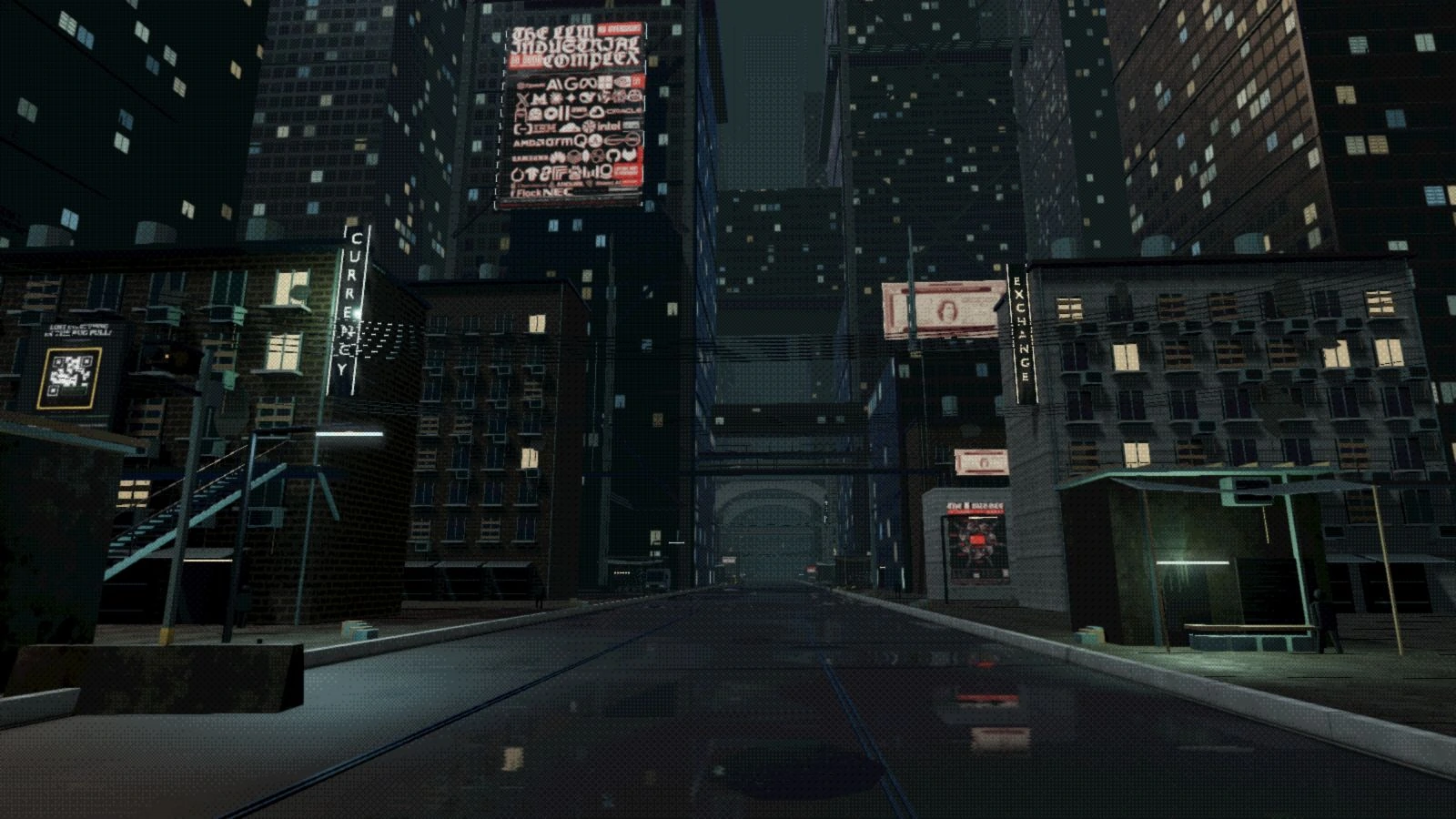 Corporate core: monumental office towers, service entrances and original Dystopian graphics embedded in the city.