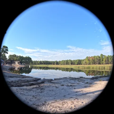 Through the camera: the whole lake under a blue sky, sand in front, trees reflected in the water.