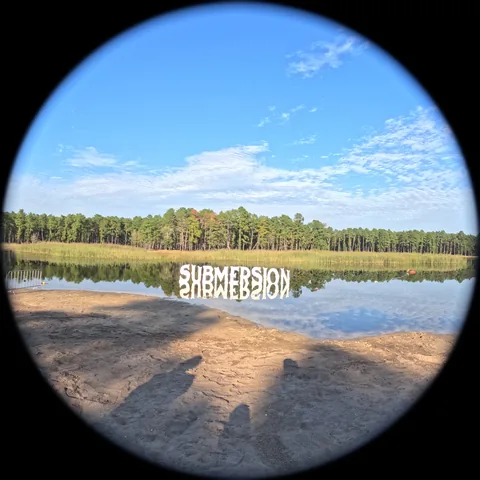 Through the camera: a SUBMERSION sign standing in the lake, three people’s shadows on the sand in front.