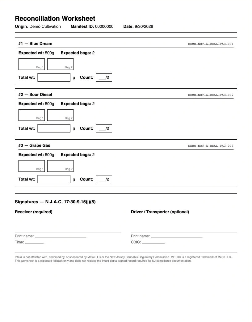 The same delivery as a printable reconciliation worksheet.