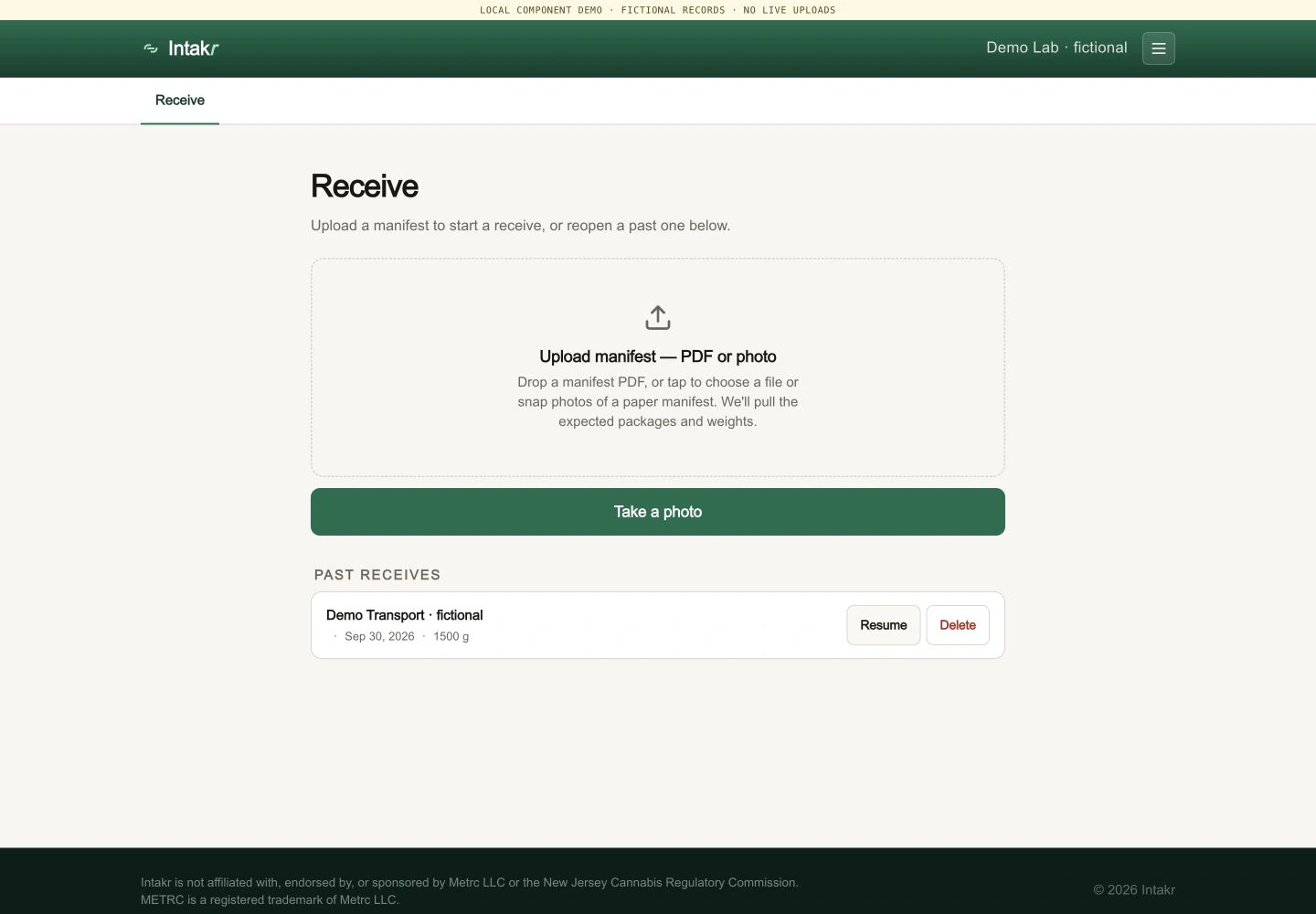 Intakr receiving screen with manifest upload and past receives.